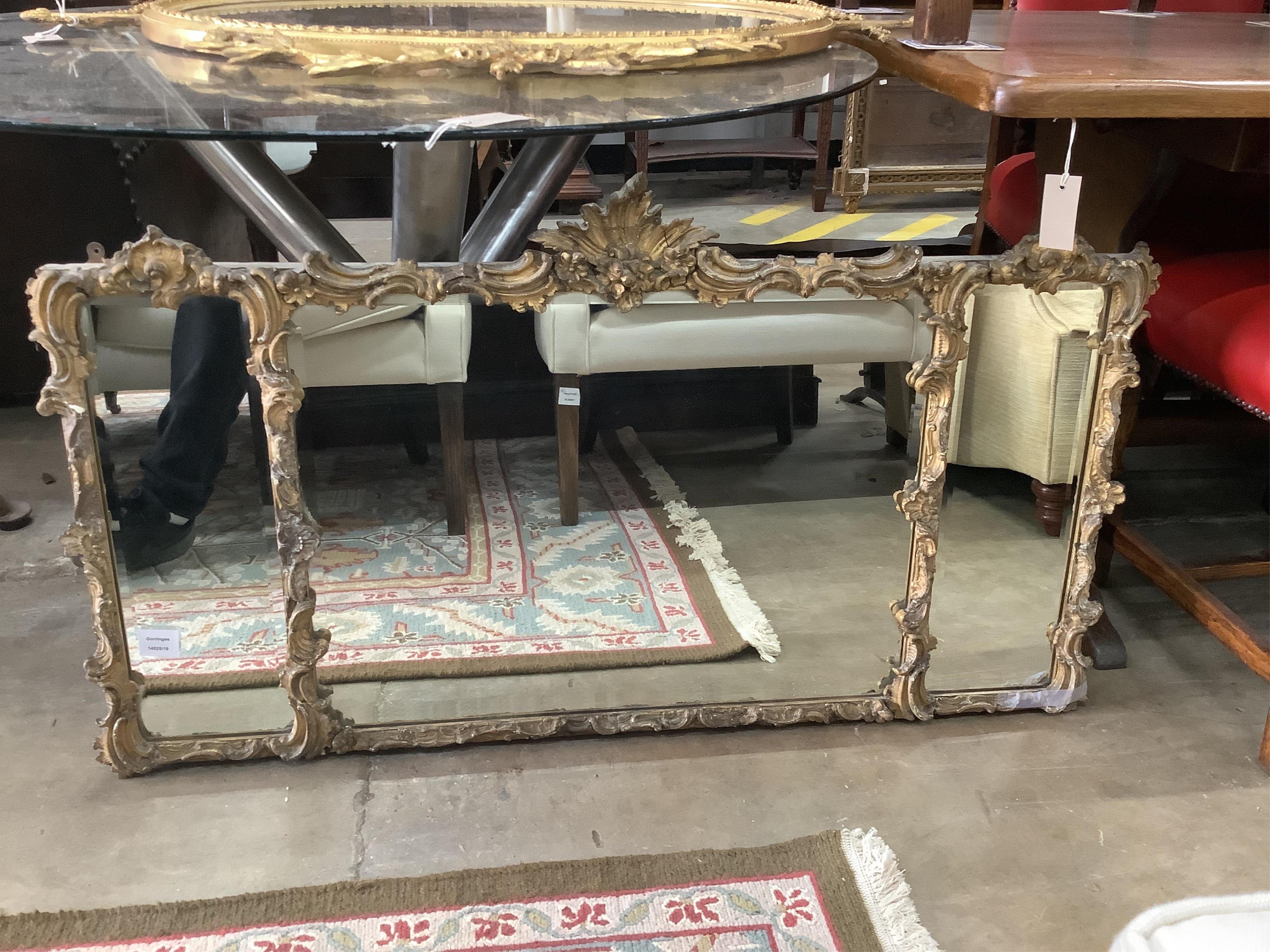 A late 19th century gilt and composition triple plate overmantel mirror, width 113cm, height 60cm. Condition - fair